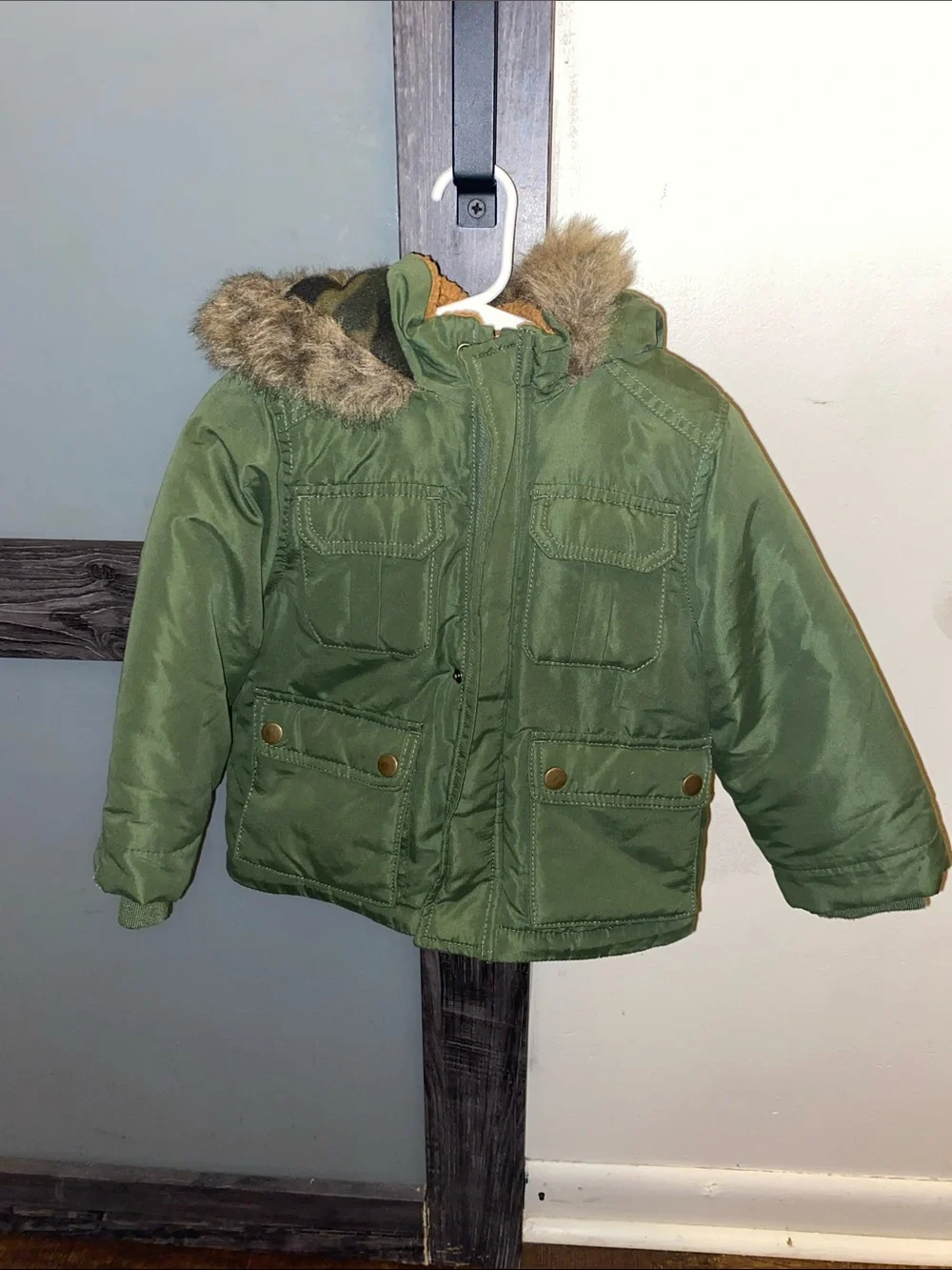 Carter's Olive Green Puffer Jacket Faux Fur Hood Kids Winter Coat
